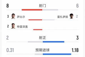 埃及1-1伊朗半场数据：射门比8-6，射正比2-3，得分机会比0-3