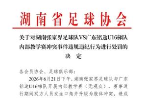 湖南省足协发布对张家界队处罚决定：一名球员被禁赛一年，三名球员被禁赛半年